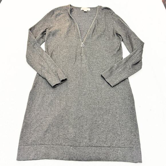 Michael Kors Deep V-Neck Zipper Adjustable Gray Knee Length Dress Size M - Picture 1 of 6